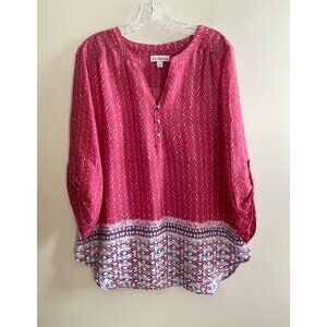 Kim Rogers Tunic Blouse Womens L Pink Print V-Neck Roll Tab Sleeve Bohemian